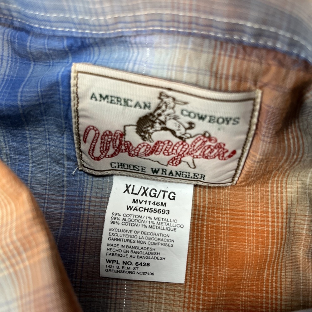 Wrangler Blue and Orange Plaid Western Pearl Snap Shirt - Picture 5 of 10